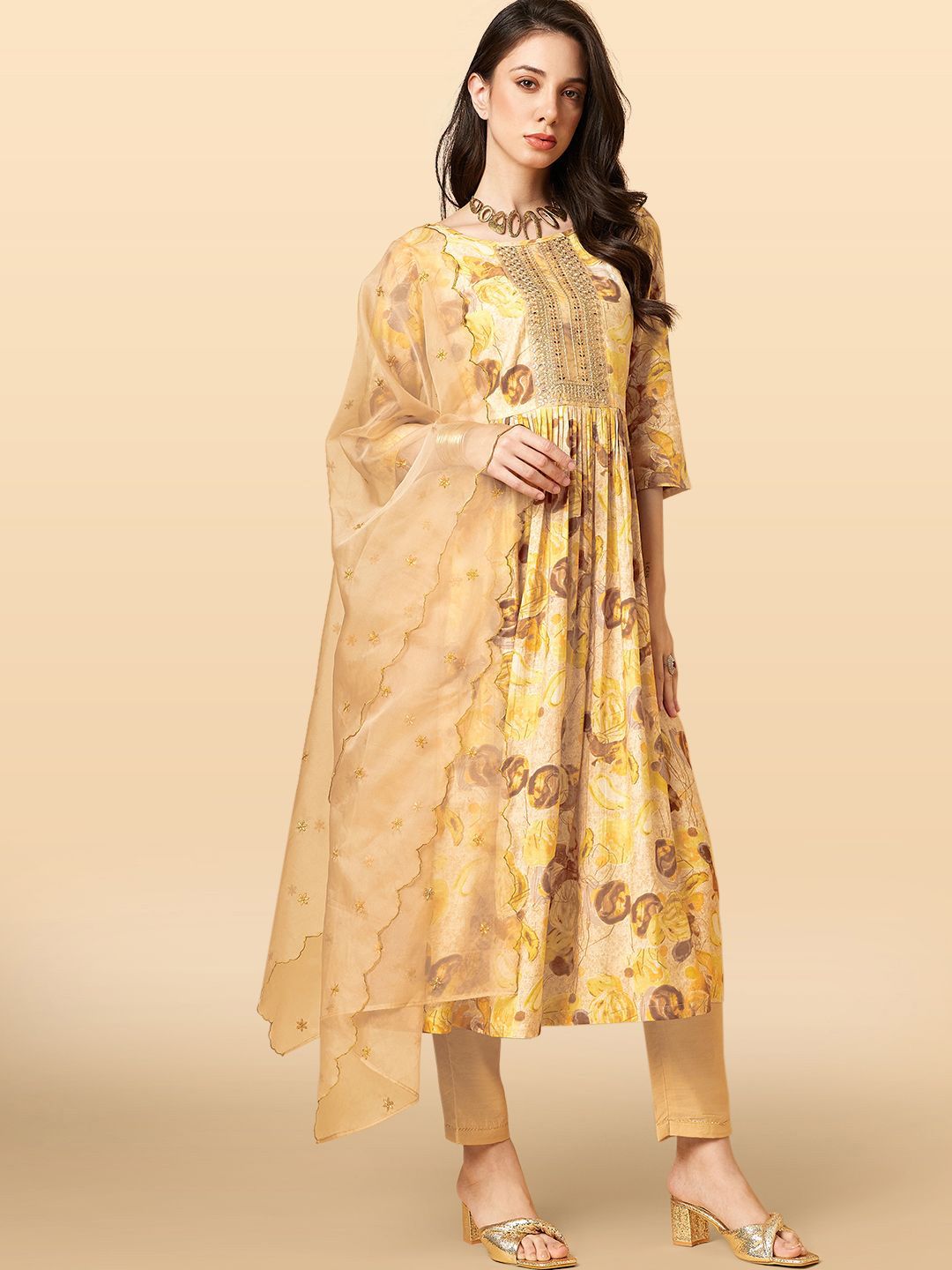 Anouk Rustic Floral Printed Sequnnied A-Line Kurta With Trousers & Dupatta