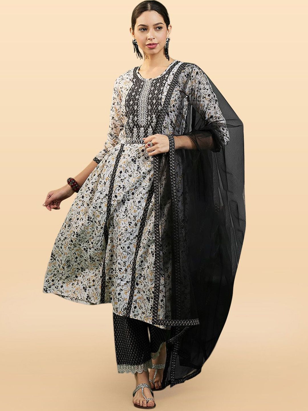 Anouk Rustic Floral Printed Thread Work A-Line Kurta With Trousers & Dupatta