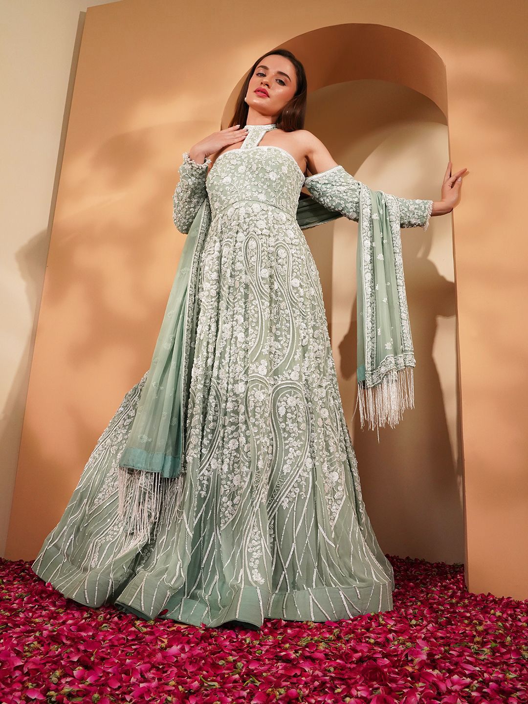 MILU MADAN Ethnic Motifs Sequined Georgette Fit & Flare Maxi Ethnic Dress With Dupatta-image-6