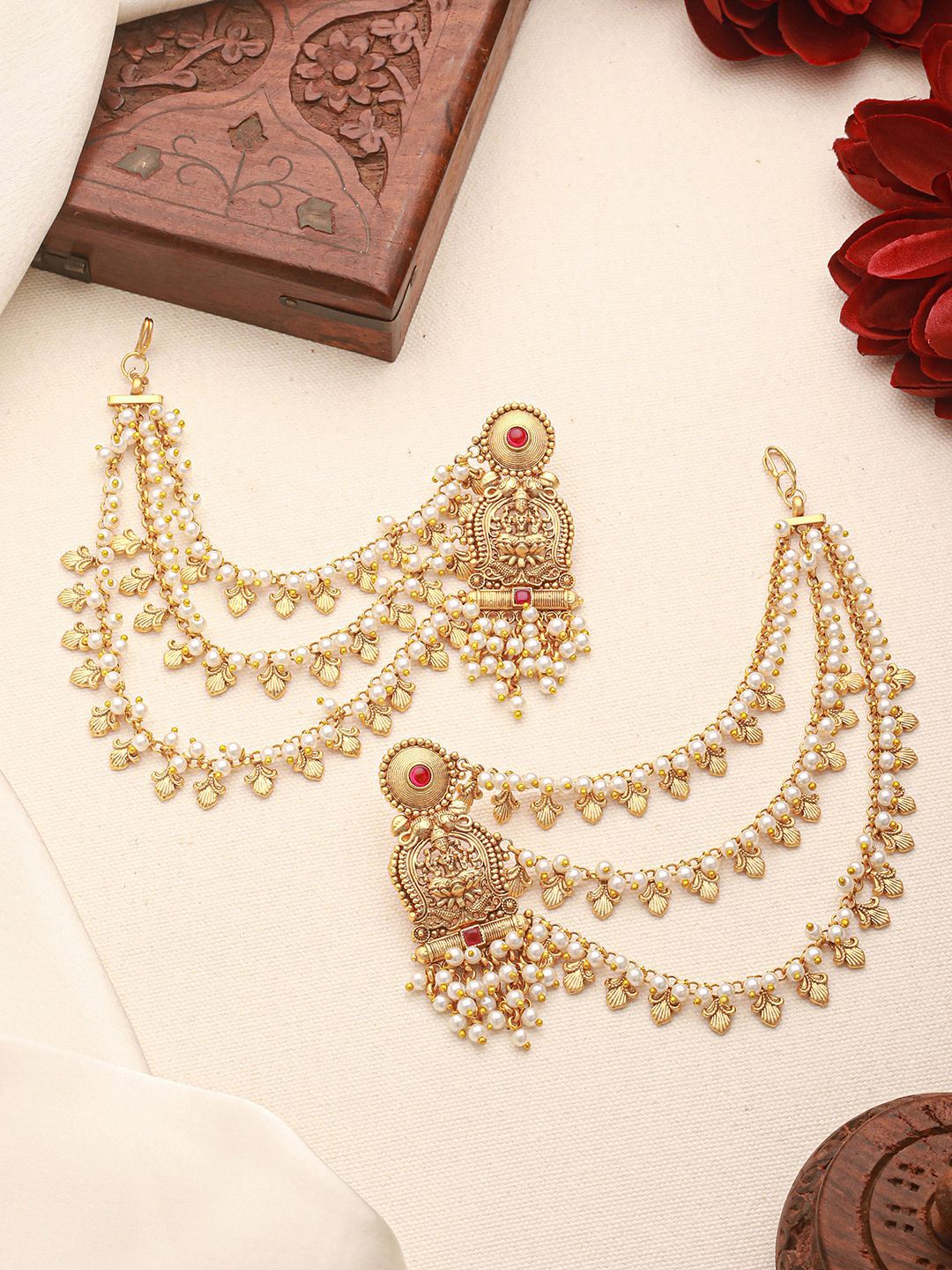 Saraf RS Jewellery Lakshmi ji Gold Plated Pearls Beaded 3 Layered Drop Earrings-picture-13
