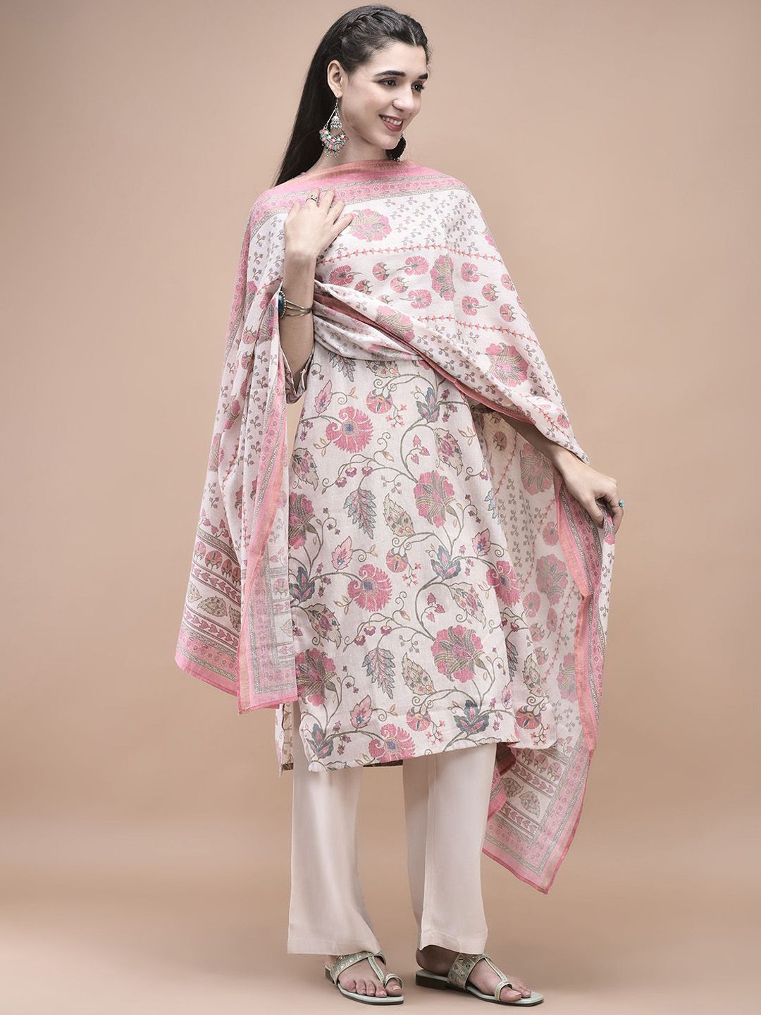 Shree Women Floral Printed Linen Kurta with Trousers & Dupatta-picture-18