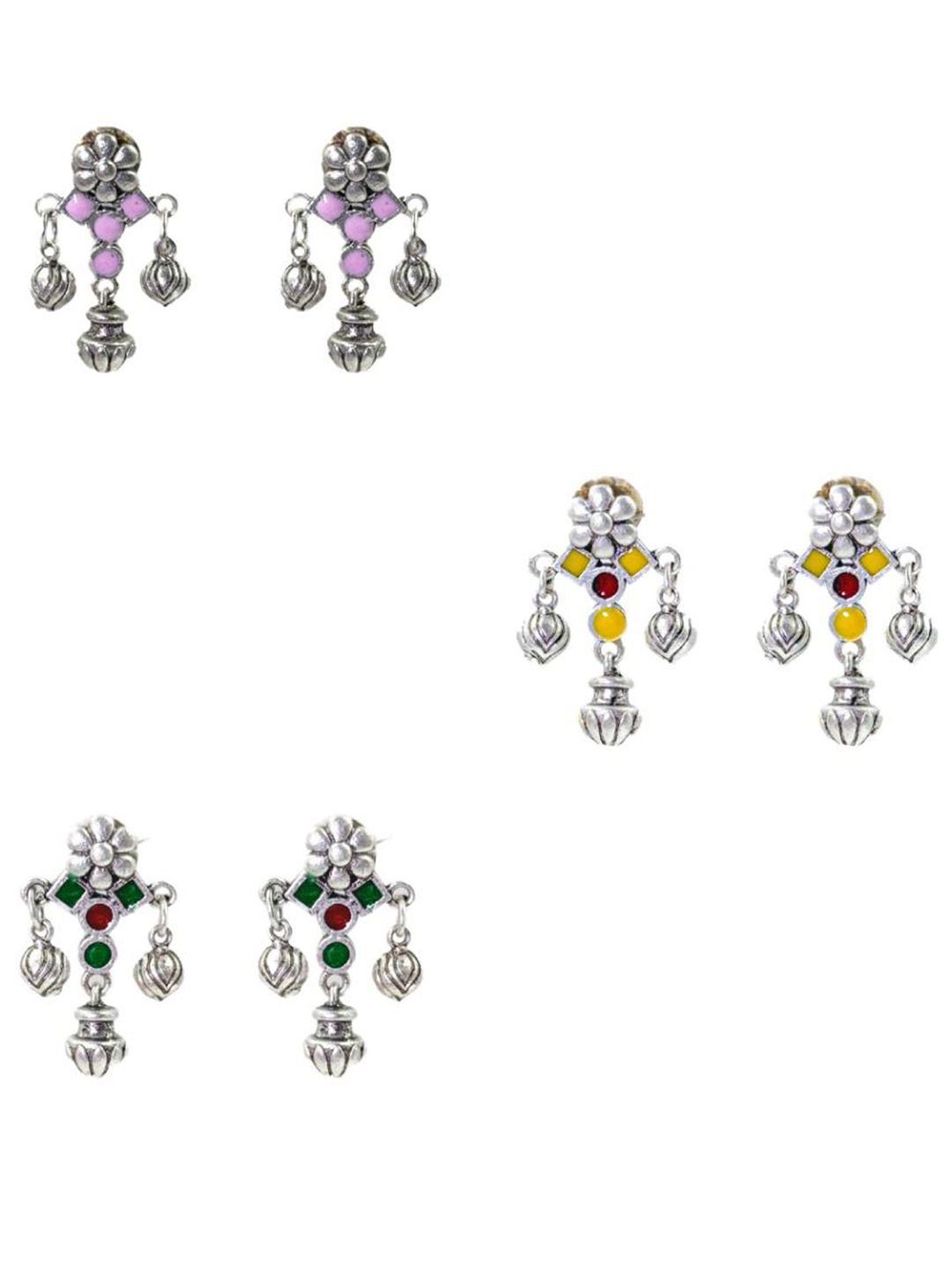 NAMAN ARTS Set Of 3 Silver-Plated Stones & Studded Floral Meenakari Drop Earrings-picture-39