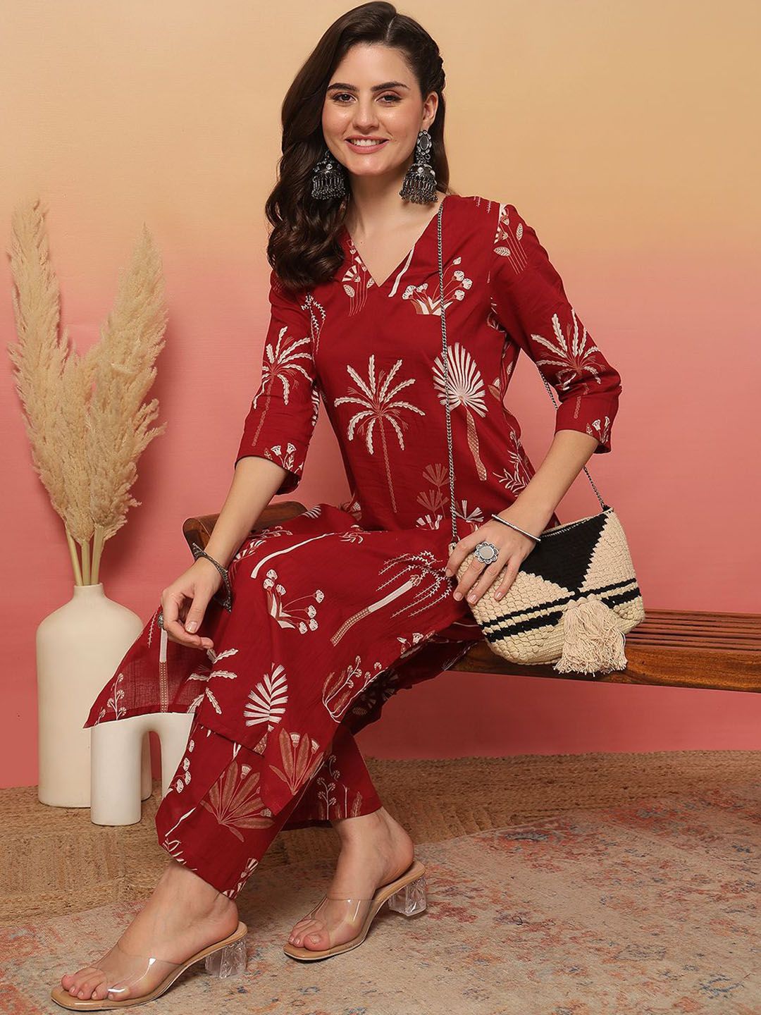 Anouk Rustic Floral Printed V-Neck  Pure Cotton Straight Kurta With Palazzos