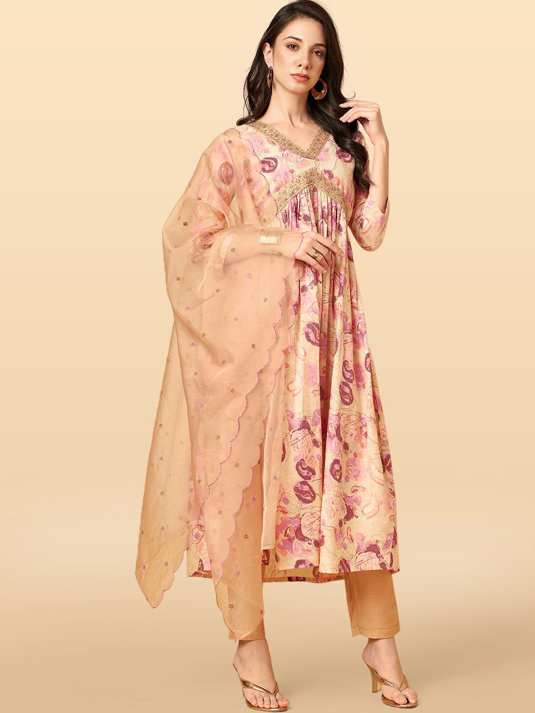Anouk Rustic Floral Printed V-Neck Empire Zari A-Line Kurta & Trousers With Dupatta