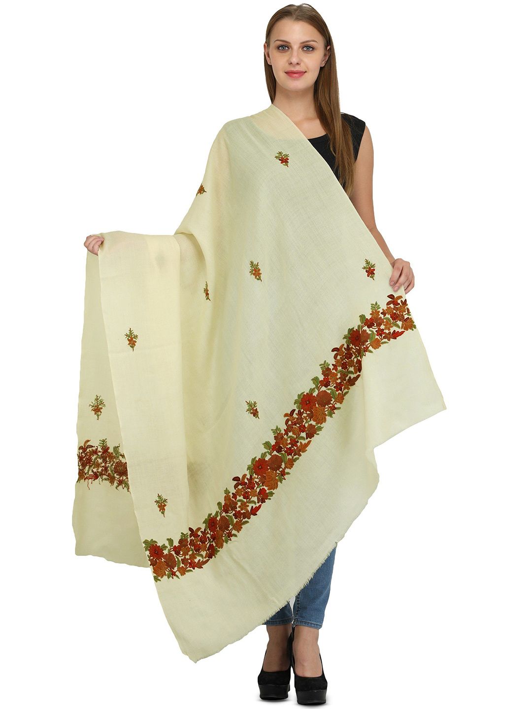 Exotic India Women Floral Embroidered Pure Wool Shawl-picture-19
