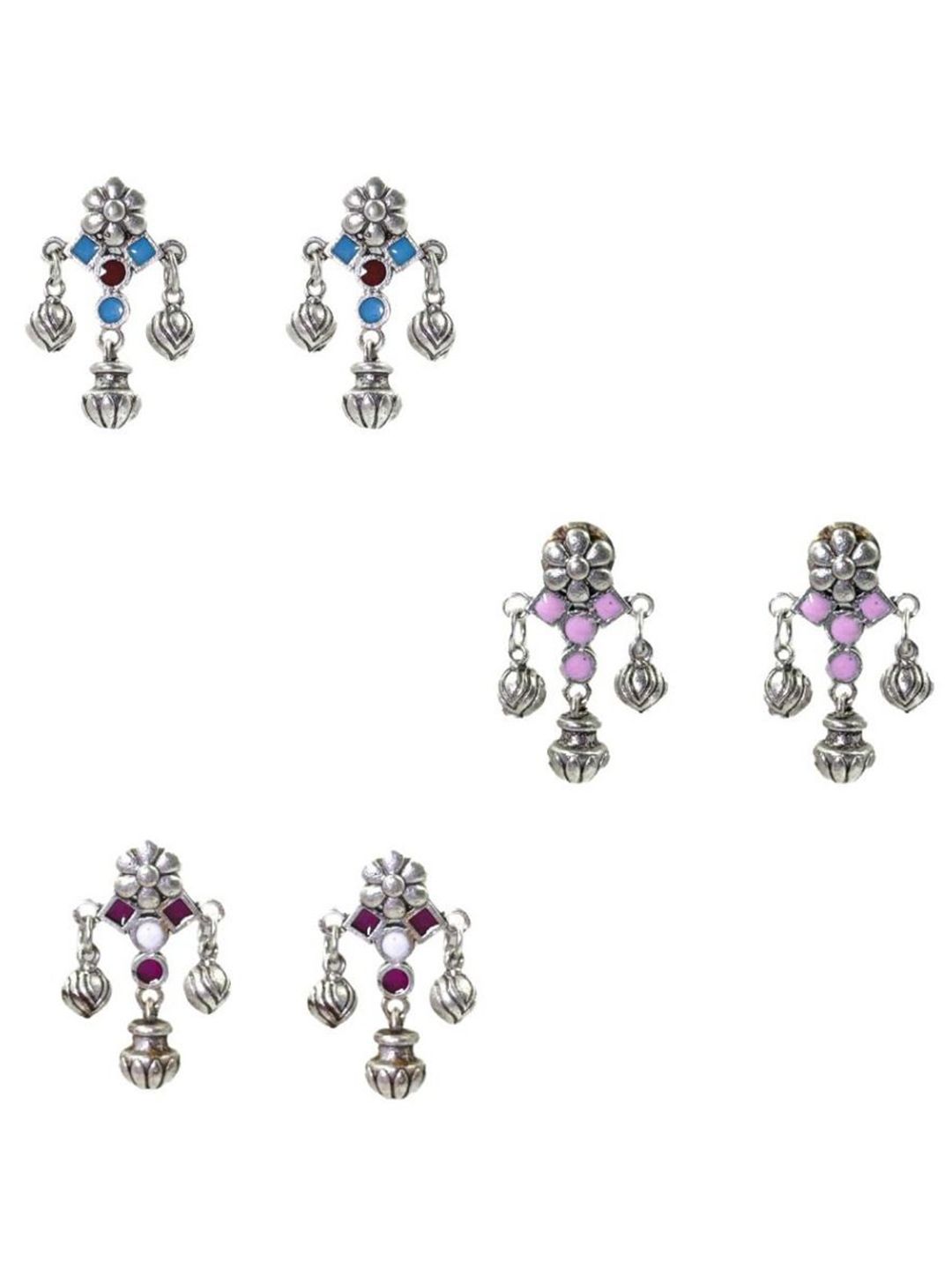 NAMAN ARTS Set Of 3 Silver-Plated Artificial Stones Studded Floral Meenakari Drop Earrings-picture-20