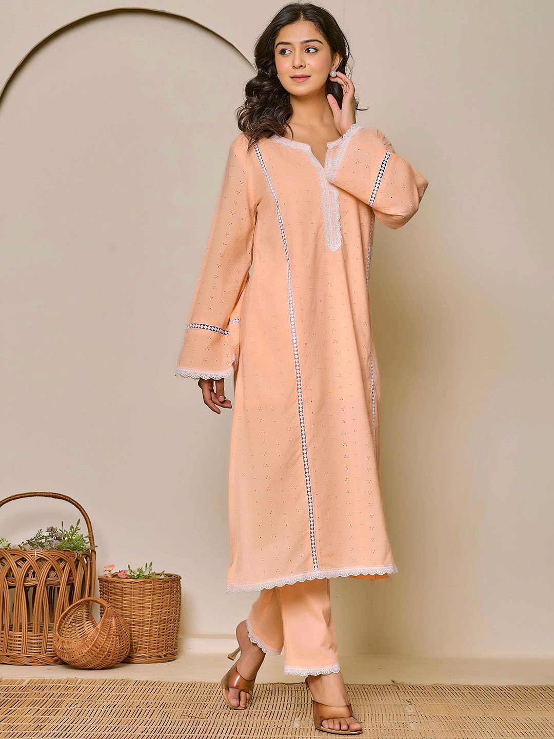 KASYA Women Schiffli Embroidered Regular Pure Cotton Kurta with Trousers