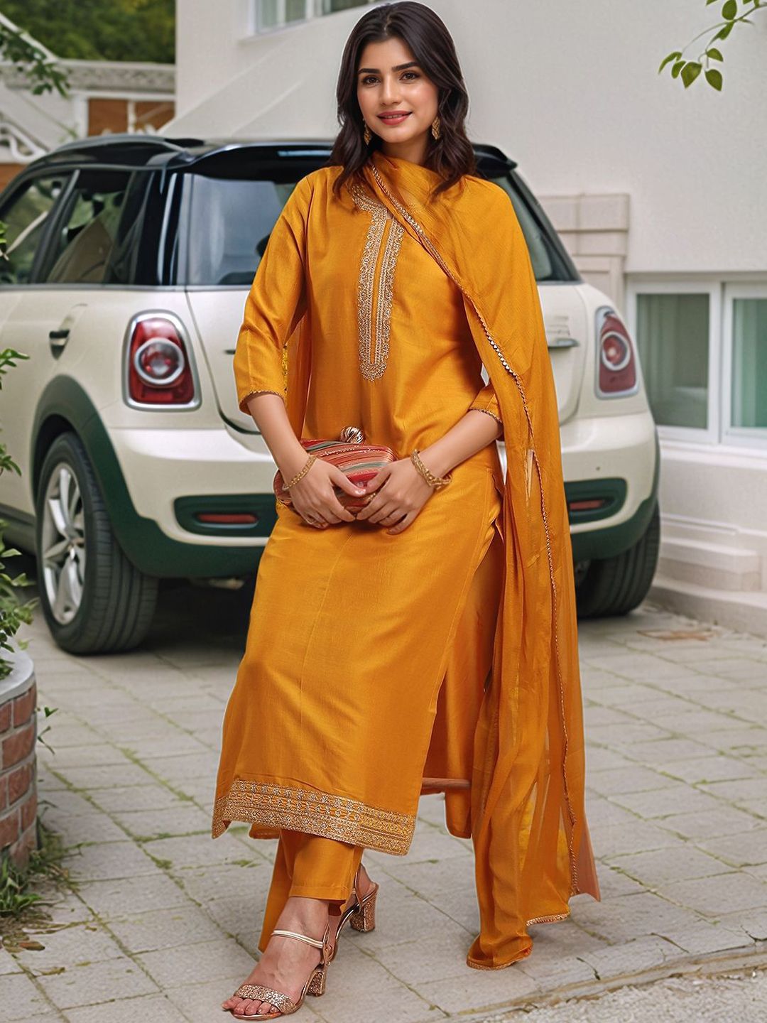 Aaghnya Floral Yoke Design Thread Work Straight Kurta With Trousers & Dupatta