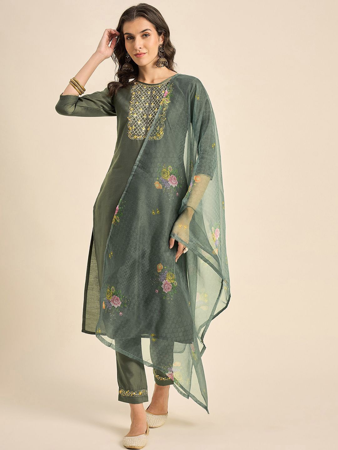Anouk Rustic Women Floral Embroidered Regular Sequinned Kurta with Trousers & With Dupatta