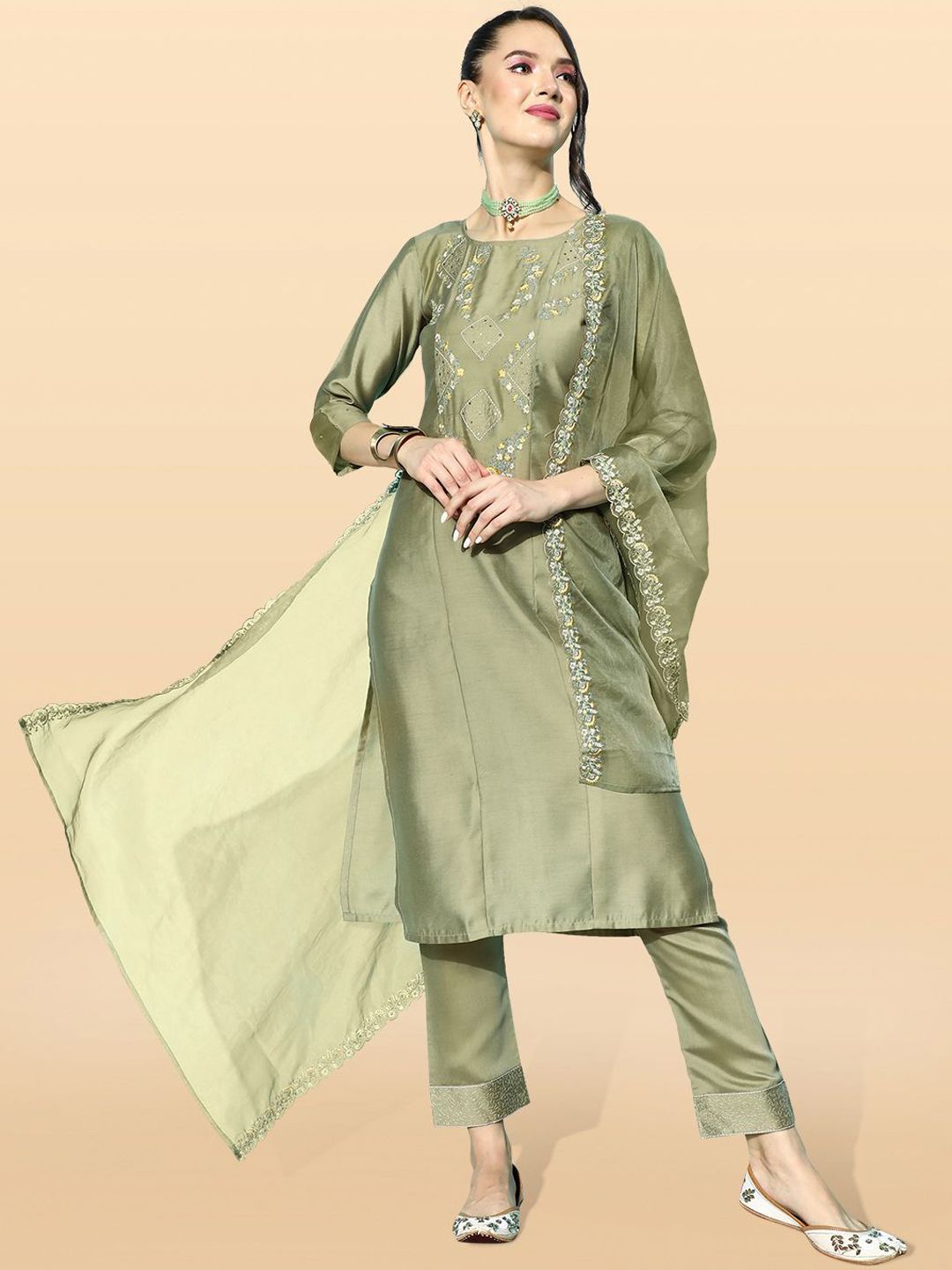 Anouk Rustic Floral Yoke Design Thread Work Straight Kurta With Trousers & Dupatta