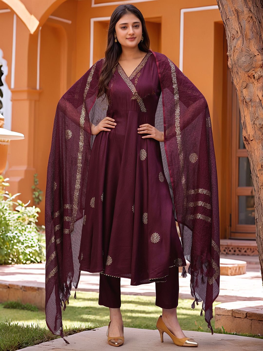 Aaghnya Floral Printed V-Neck Anarkali Kurta With Trousers & Dupatta