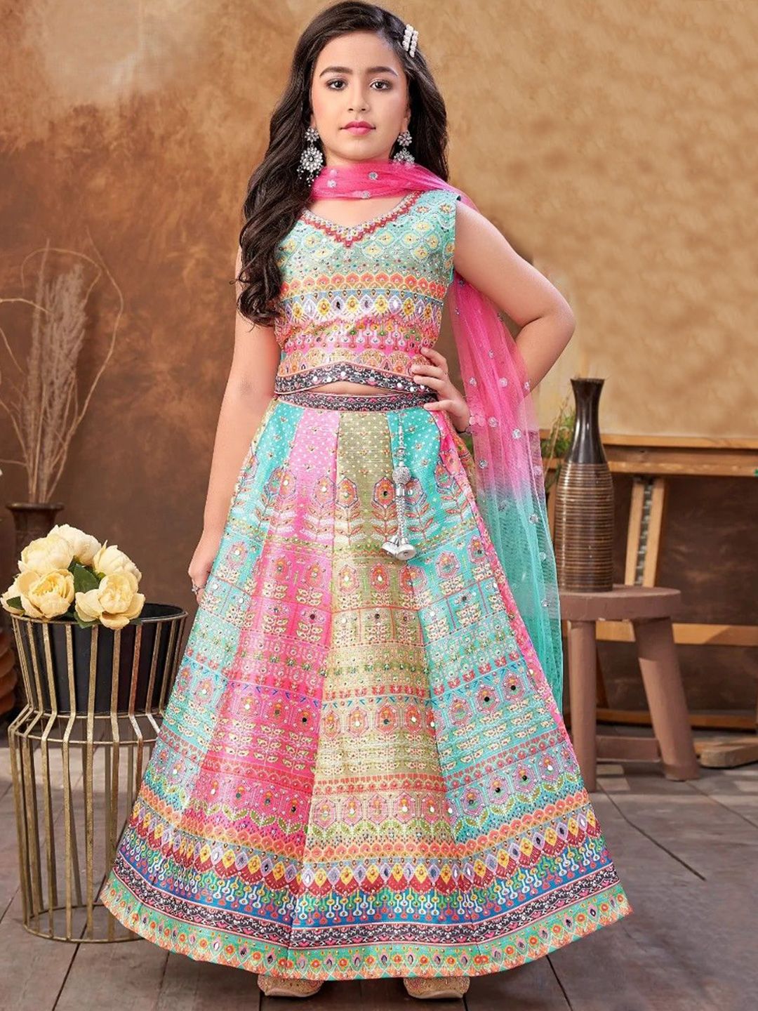 NKV Girls Printed Mirror Work Tie and Dye Ready to Wear Lehenga & Blouse With Dupatta