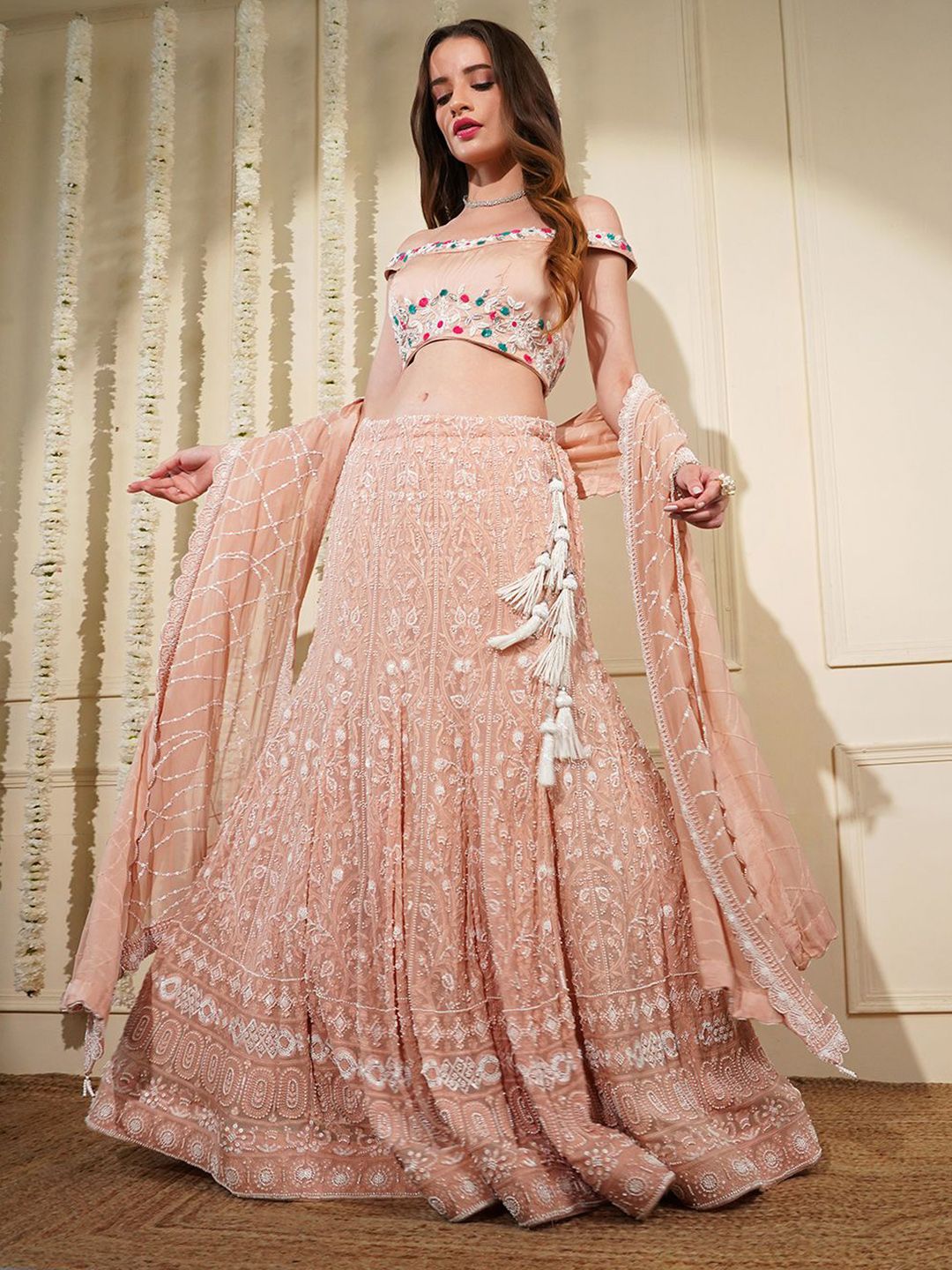 MILU MADAN Floral Embellished Beads & Stones Lehenga & Blouse With Dupatta-image-19