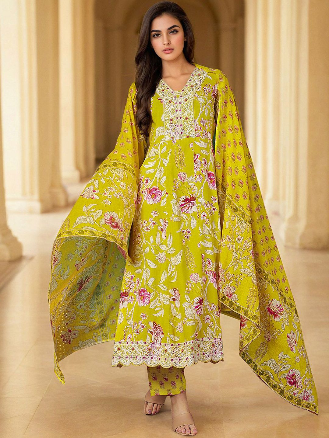 SANISA Floral Printed V-Neck Pure Cotton Anarkali Kurta With Trousers & Dupatta