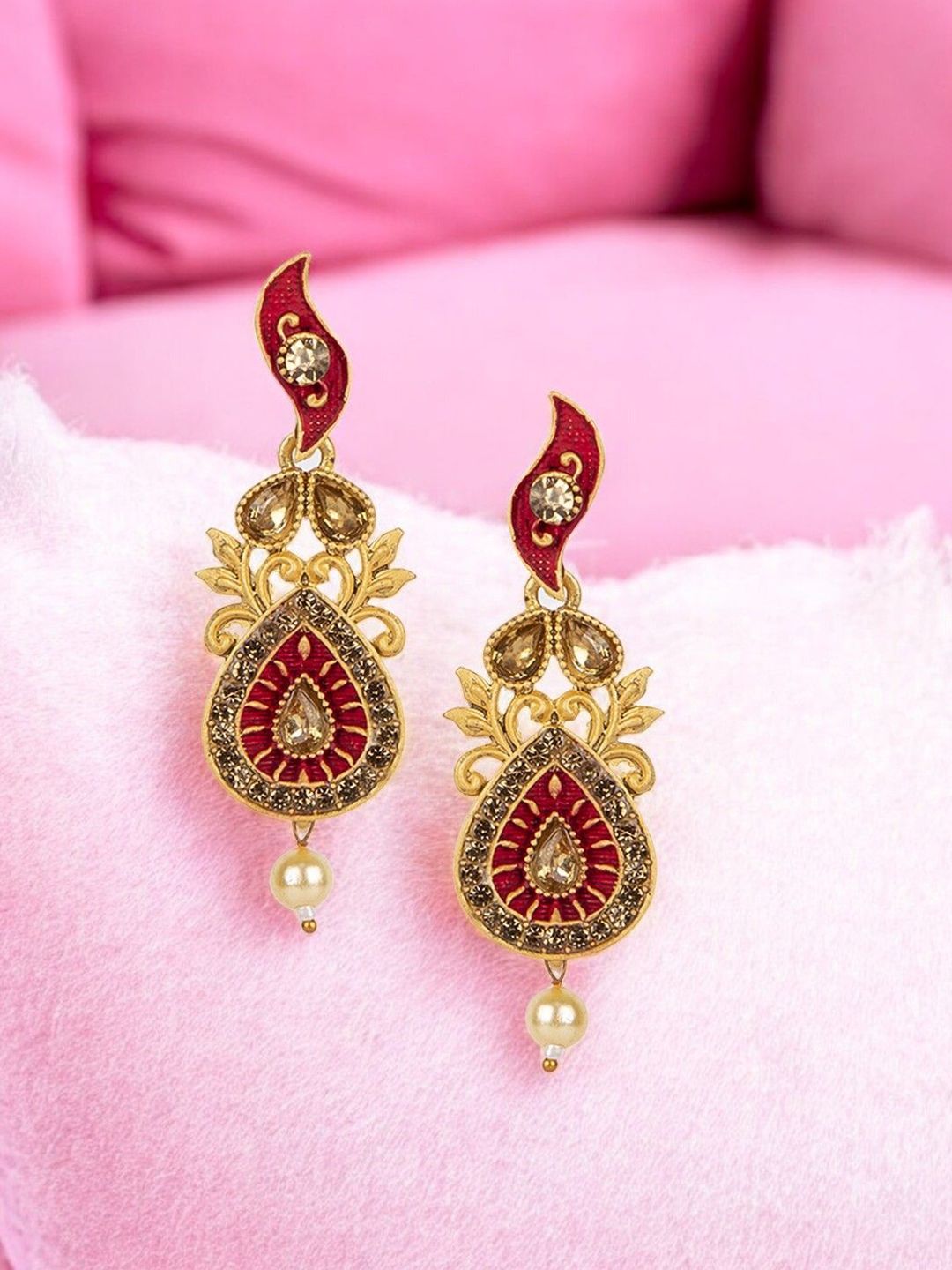 ANIKAS CREATION Gold-Plated Artificial Stones Studded Teardrop Shaped Drop Earrings-picture-15