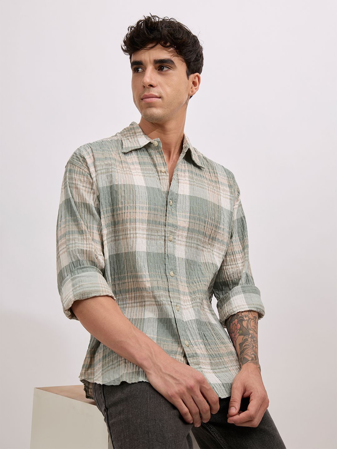 Espanshe Men Tartan Checked Seersucker Spread Collar Pure Cotton Oversized Casual Shirt-picture-11