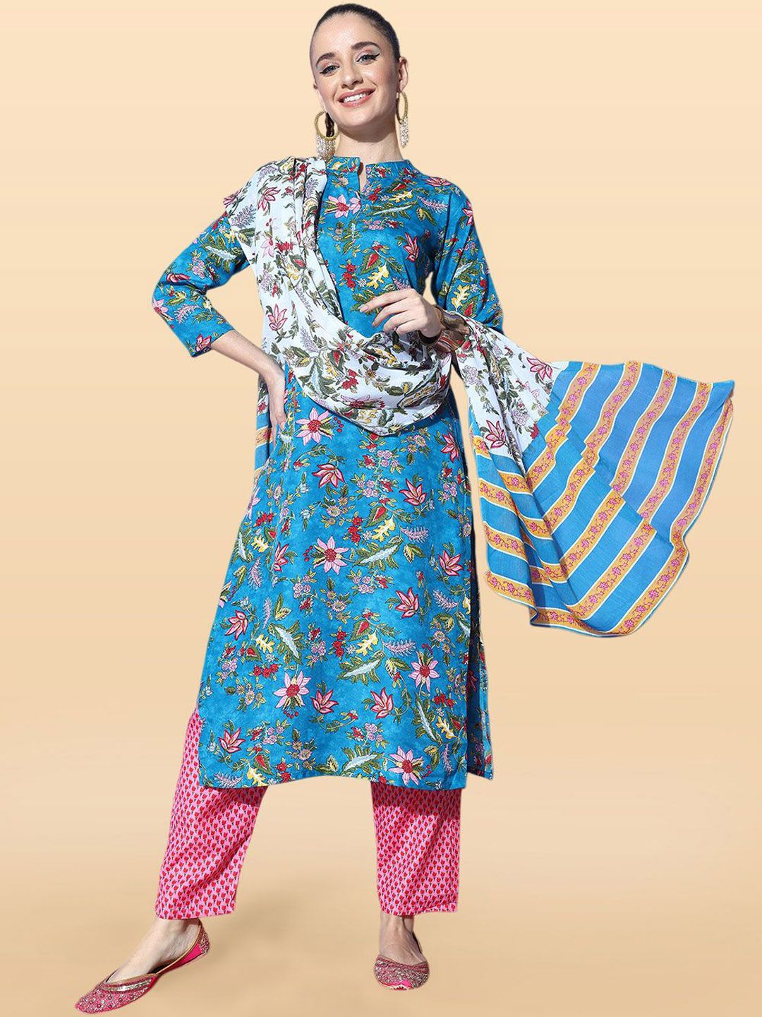 Anouk Rustic Floral Printed Mandarin Collar Cotton Straight Kurta With Trousers & Dupatta