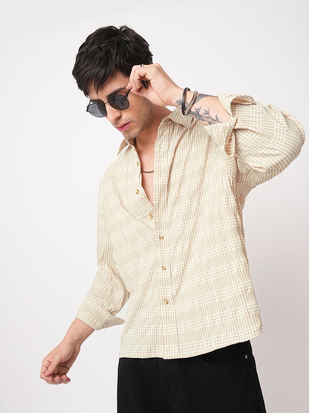 VASTRADO Classic Oversized Checked Seersucker Weave Cotton Casual Shirt-image-30