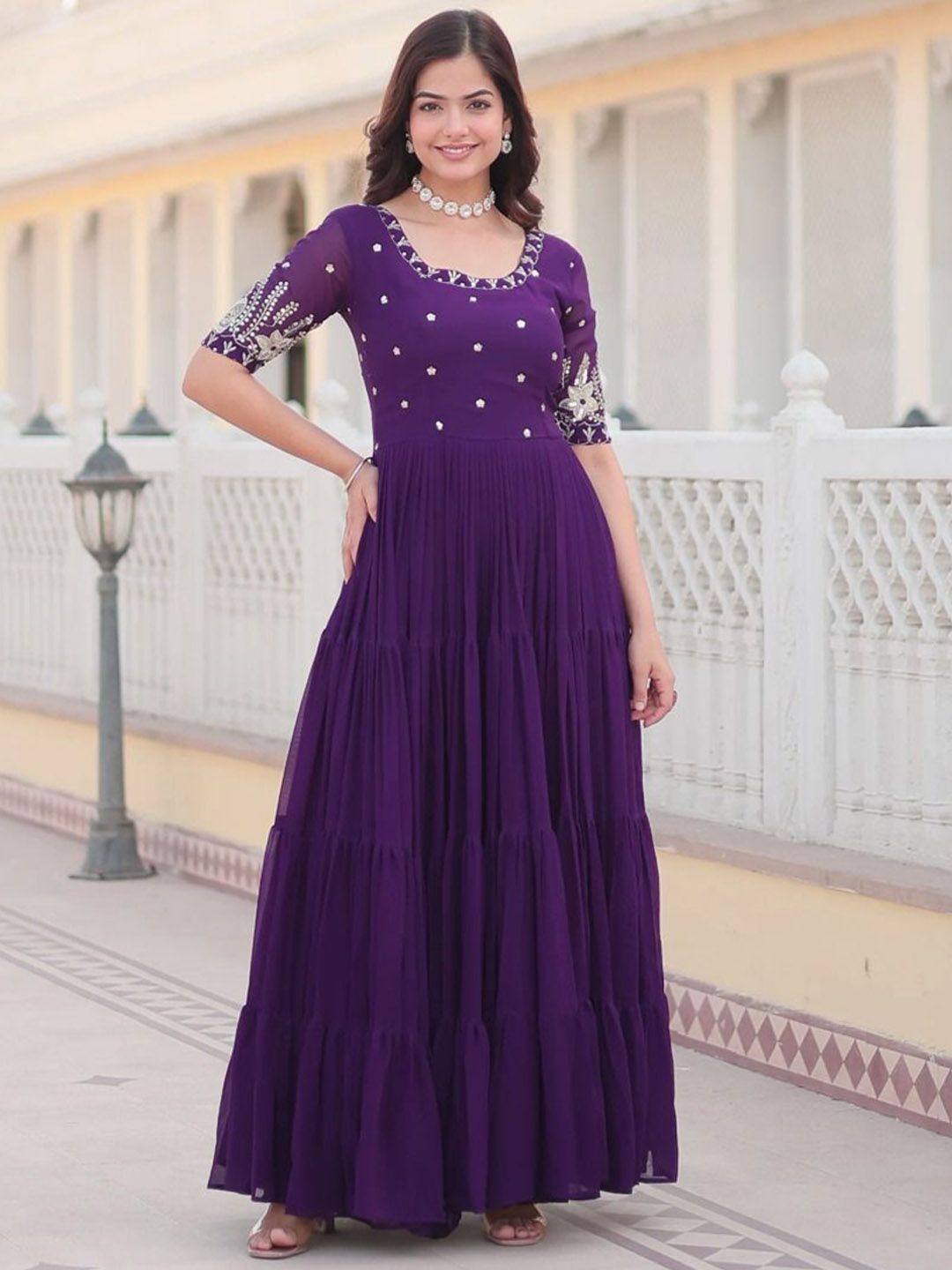 FoxDX Embroidered Fit & Flare Maxi Stitched Anarkali Ethnic Dress-image-34