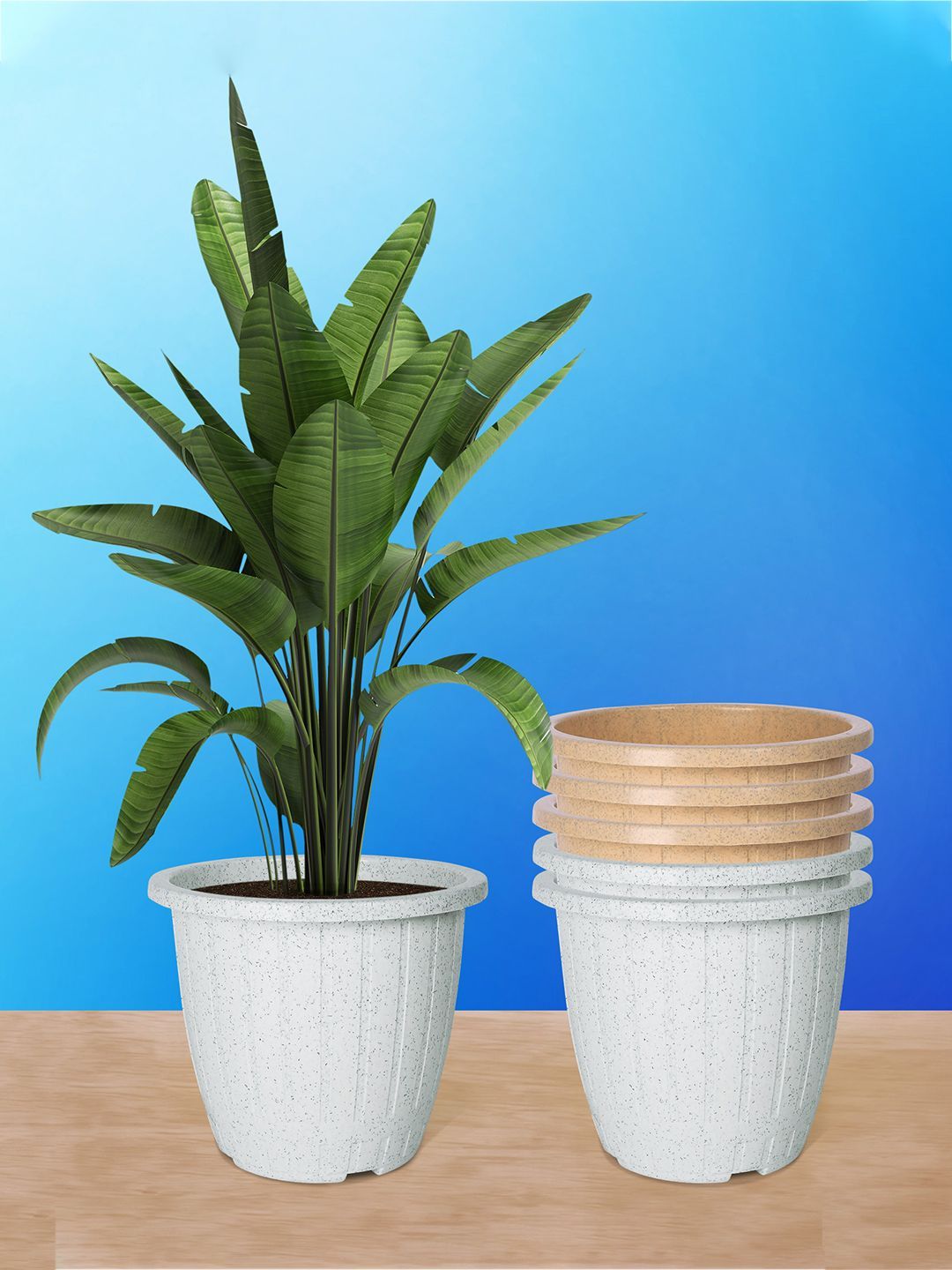 Kuber Industries Marble Duro 6Pcs White & Beige Textured Flower Planters