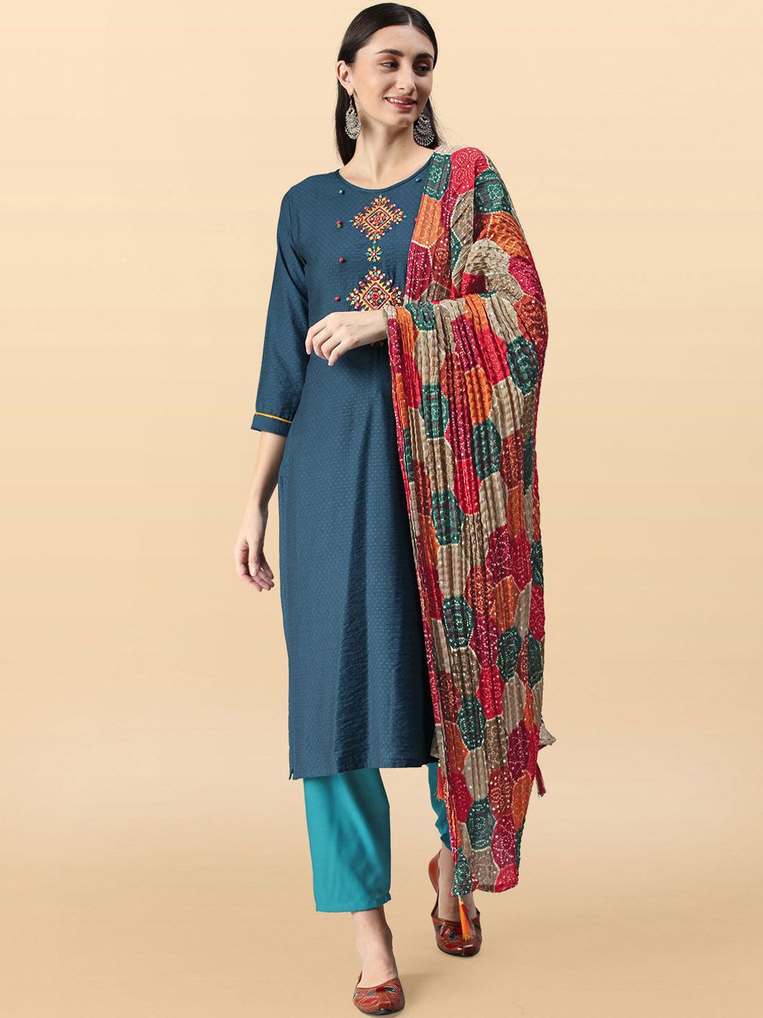 Anouk Rustic Women Ethnic Motifs Embroidered Sequinned Kurta with Trousers & With Dupatta