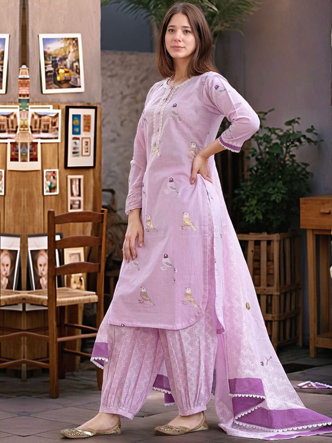 Aaghnya Quirky Printed Round Neck Straight Kurta With Patiala & Dupatta