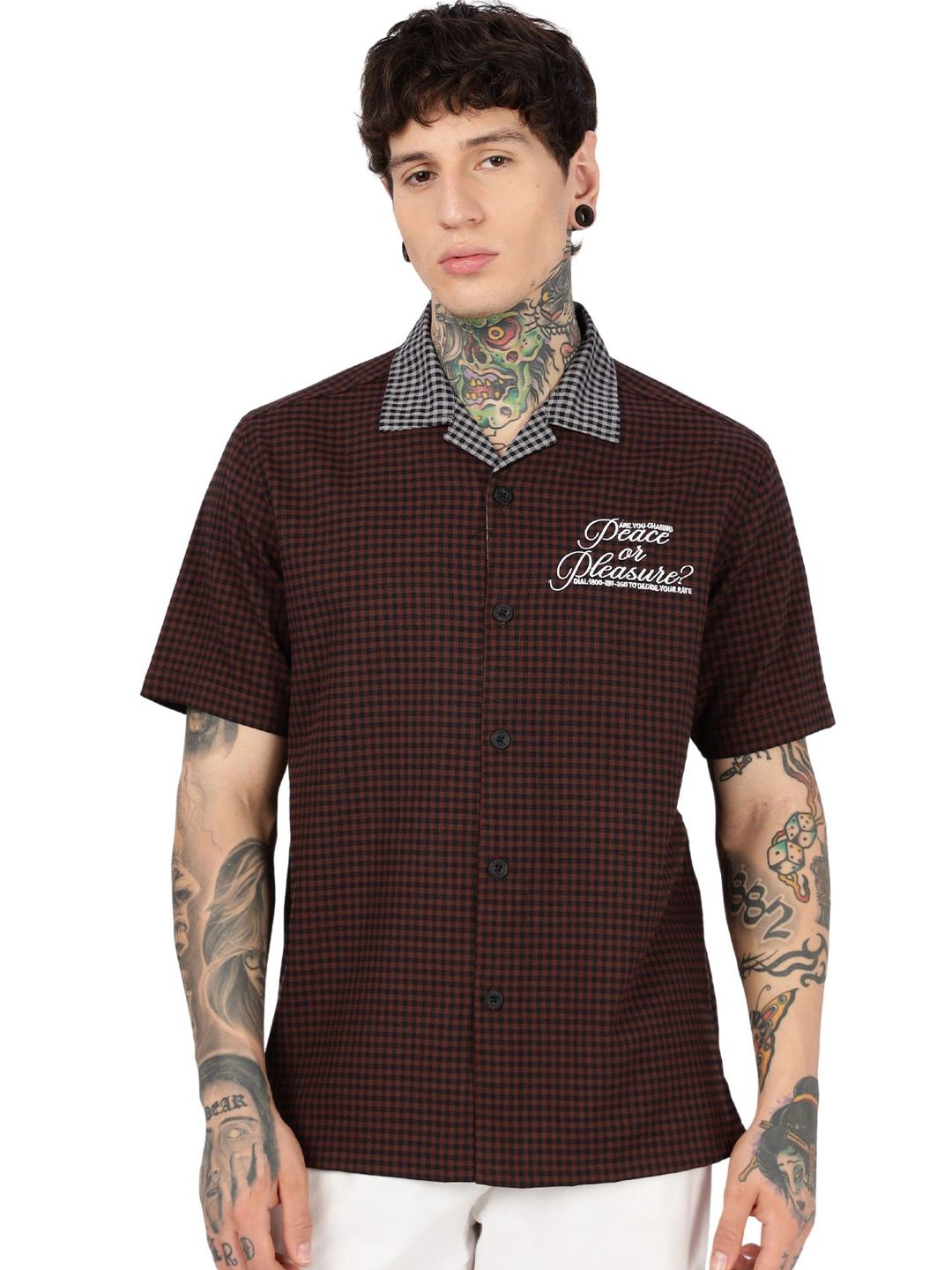 Eszett Peace Checked Cuban Collar Cotton Shirt-picture-12