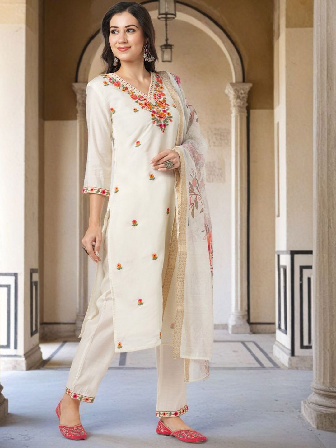 Floral Embroidered V-Neck Straight Kurta with Trousers & Dupatta