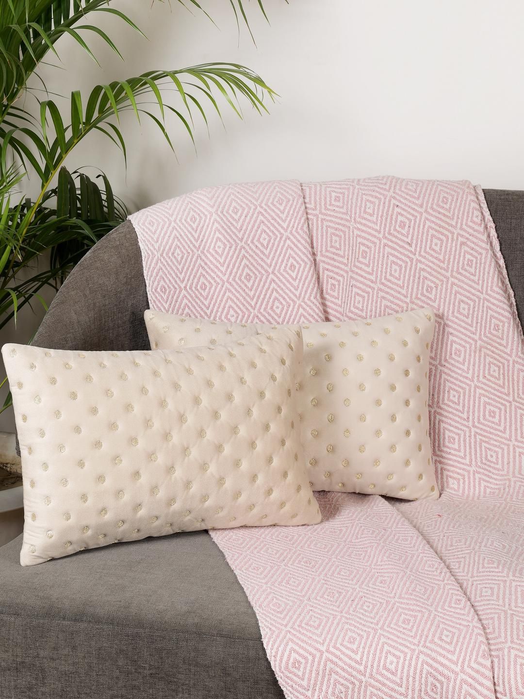 monkdecor Modern Minimalist Rectangle Cushion Covers Set of 2 | 12x18 Inches Velvet Pillow Covers | Decorative Dot Design Cream Color-picture-17
