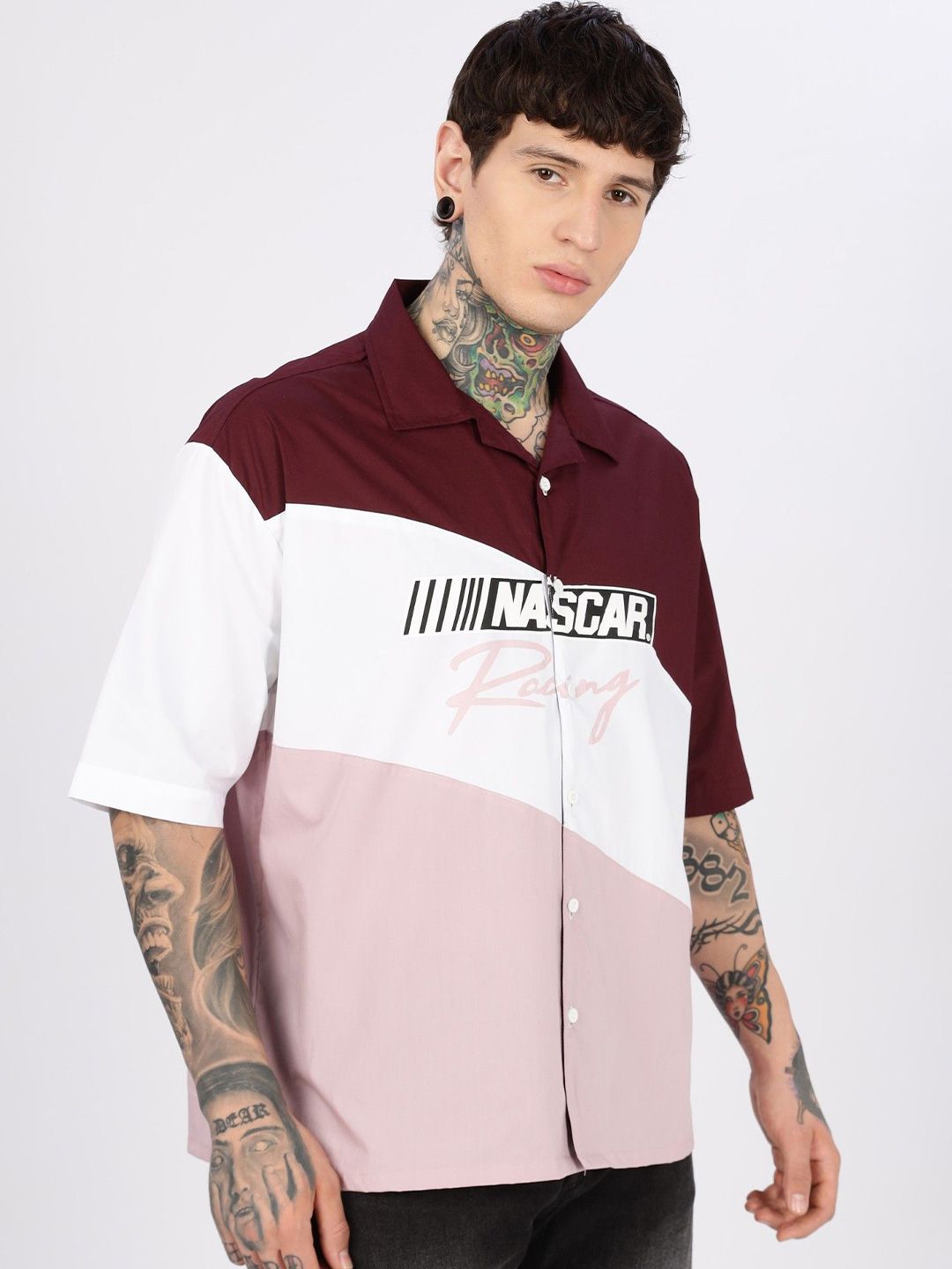 Eszett Nascar Racing Oversized Colorblocked Cuban Collar Cotton Shirt-picture-34