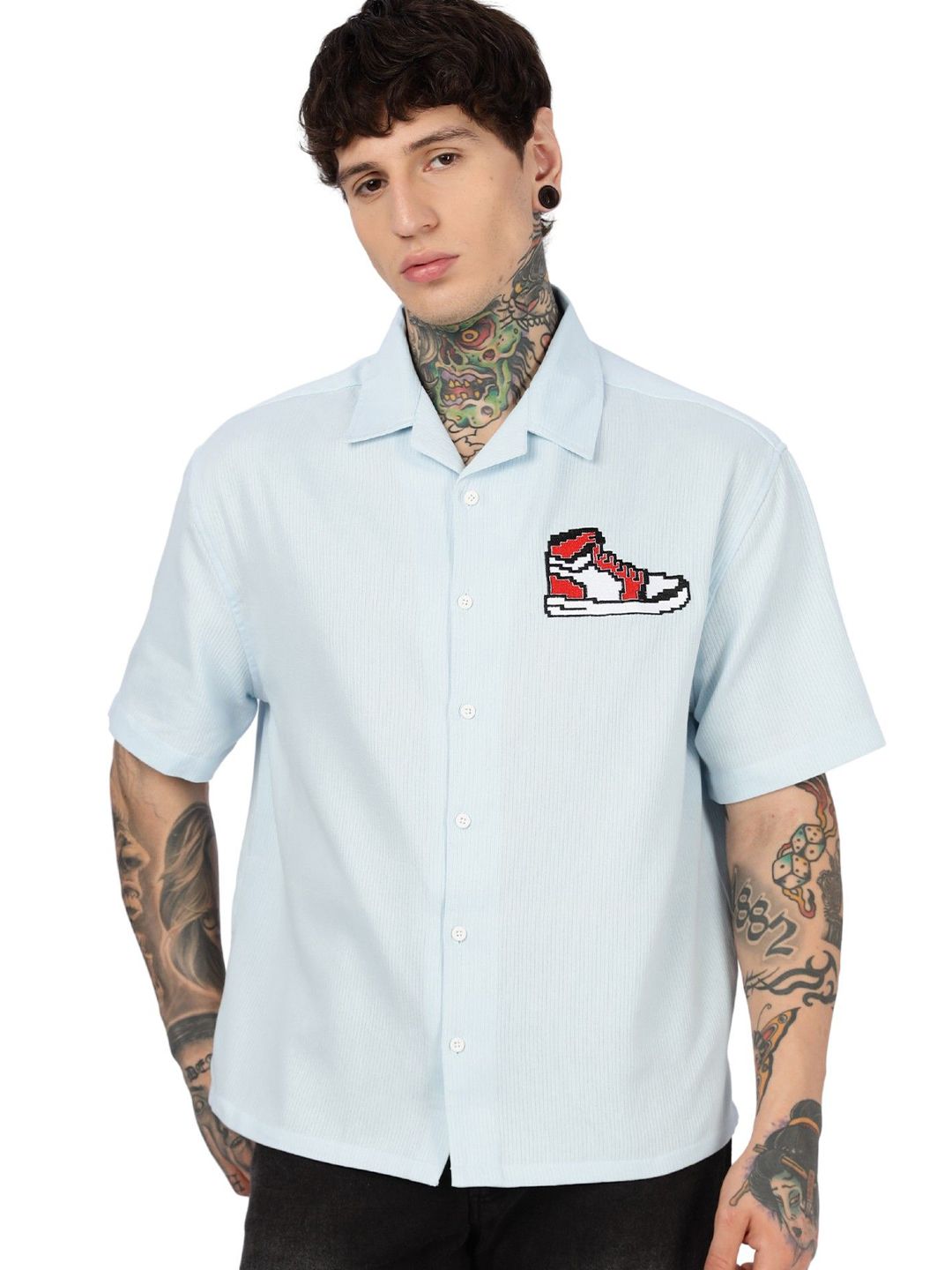 Eszett Embroidery Spread Collar Trippy Shoes Cotton Oversized Shirt-picture-14