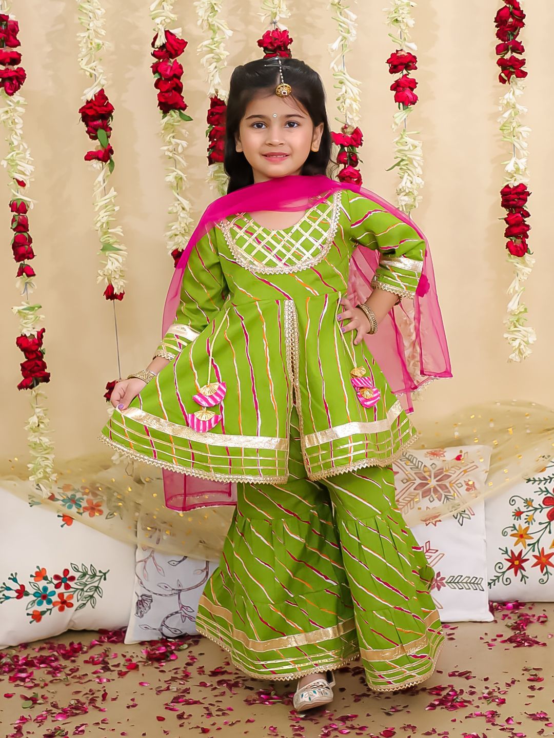 BownBee Girls Leheriya Striped Kurta with Sharara & Dupatta-picture-55