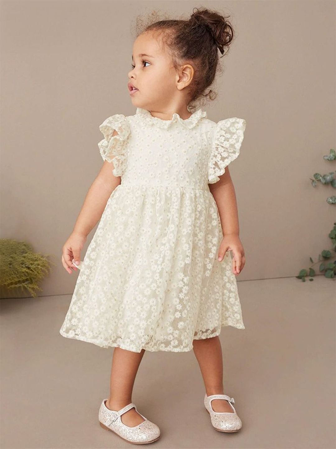 Xsole Girls Self Design Flutter Sleeve Gathered or Pleated Fit & Flare Dress-picture-22