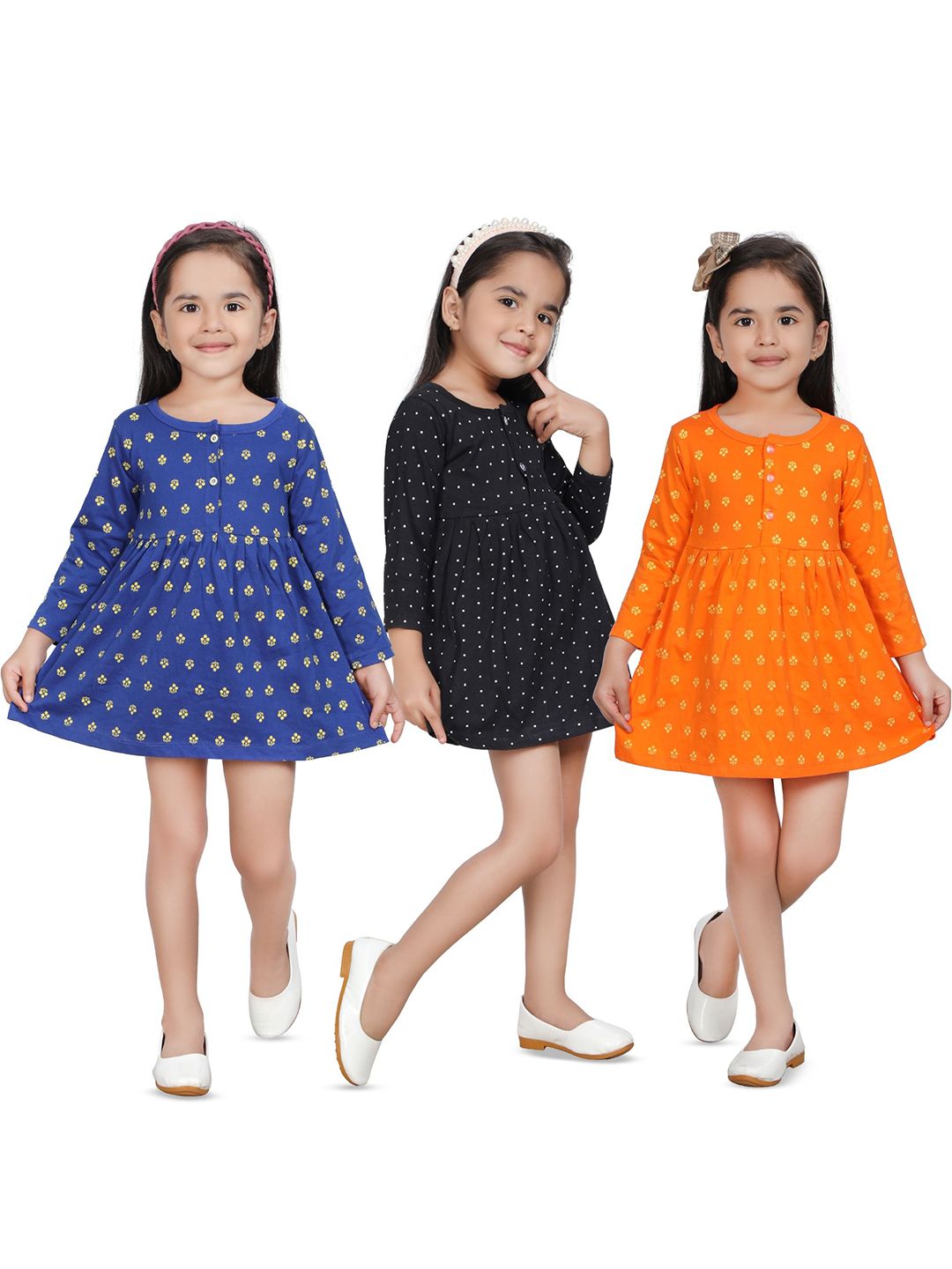 KIDEEZGUILD Girls Pack of 3 Polka Dots Printed Cotton Fit & Flare Dress-picture-17
