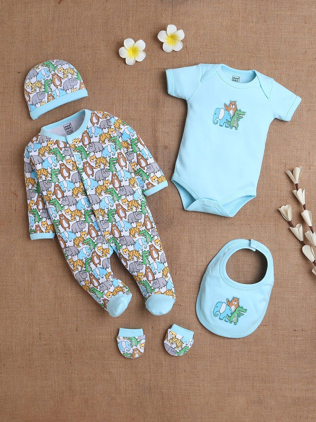 MeeMee Infants Pack Of 5 Printed Cotton Baby Apparel Gift Set-picture-39