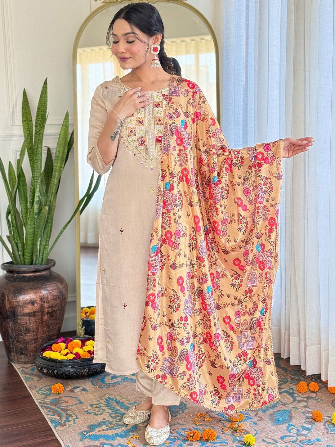 CANBIA Embroidered Regular Thread Work Kurta with Trousers & Dupatta