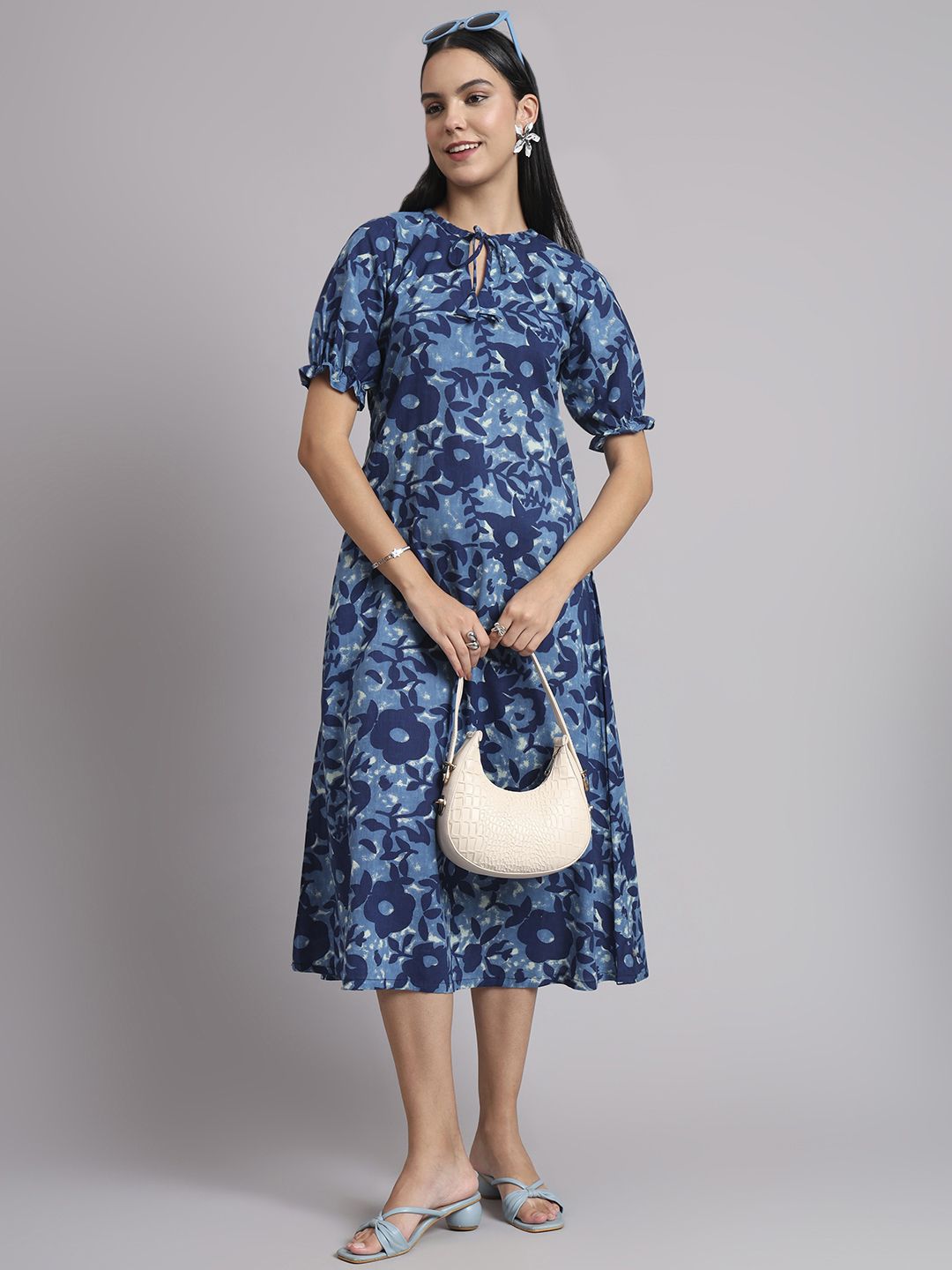 THE SAFFRON SAGA Women Floral Print Keyhole Neck Puff Sleeves Cotton A-Line Midi Dress