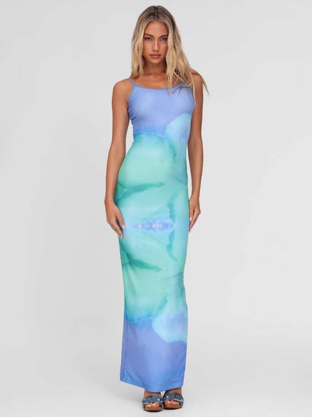 LULU & SKY Women Tie and Dye Shoulder Straps Back Slits Bodycon Maxi Dress-image-22