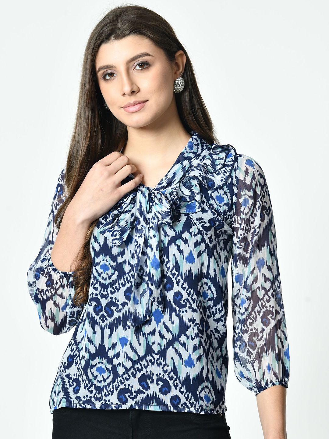 BAESD Women Ethnic Motifs Print Tie-Up Neck Chiffon Top-picture-12
