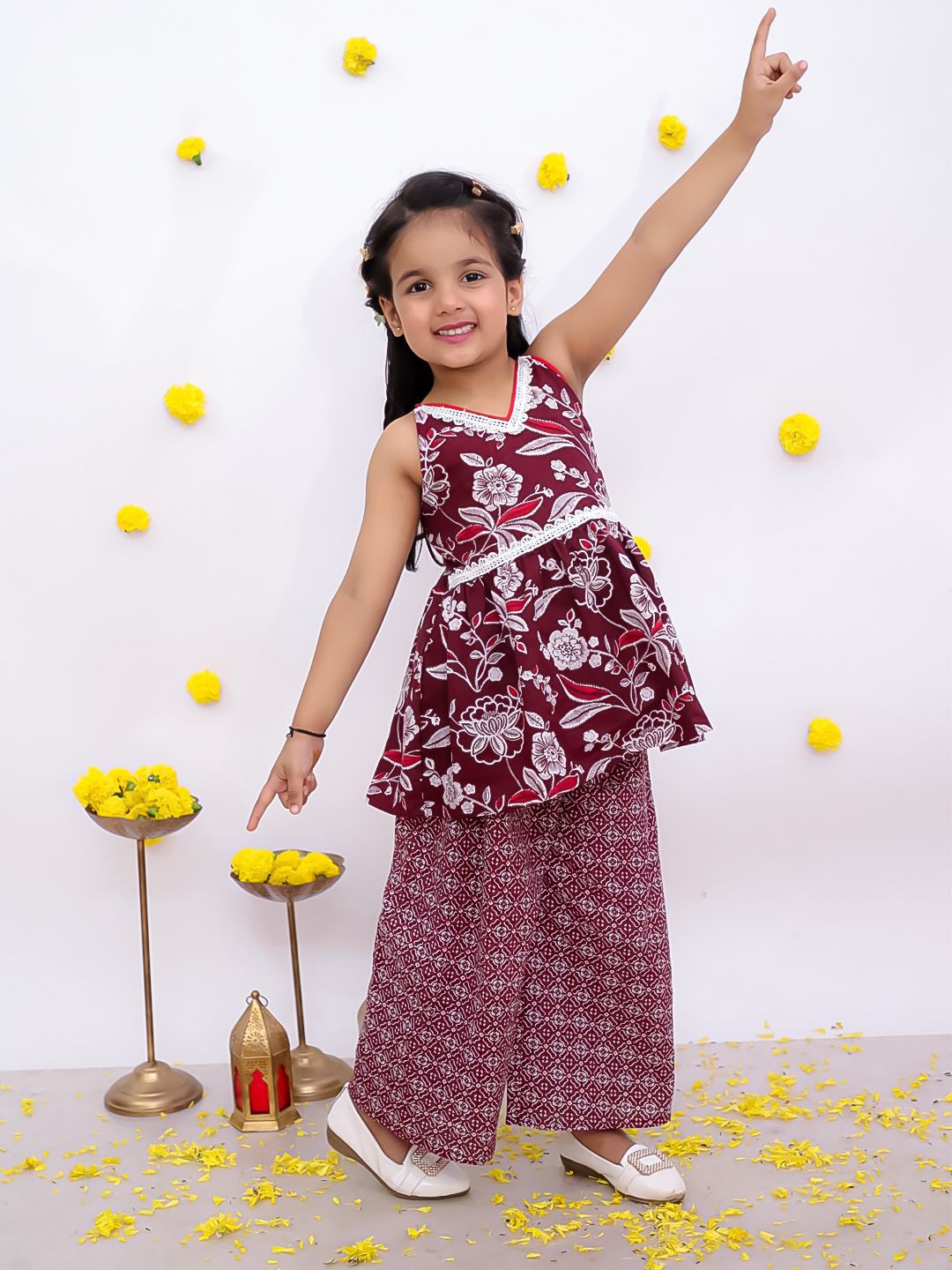 BownBee Girls Floral Printed V-Neck Pure Cotton Kurta With Palazzos-picture-30