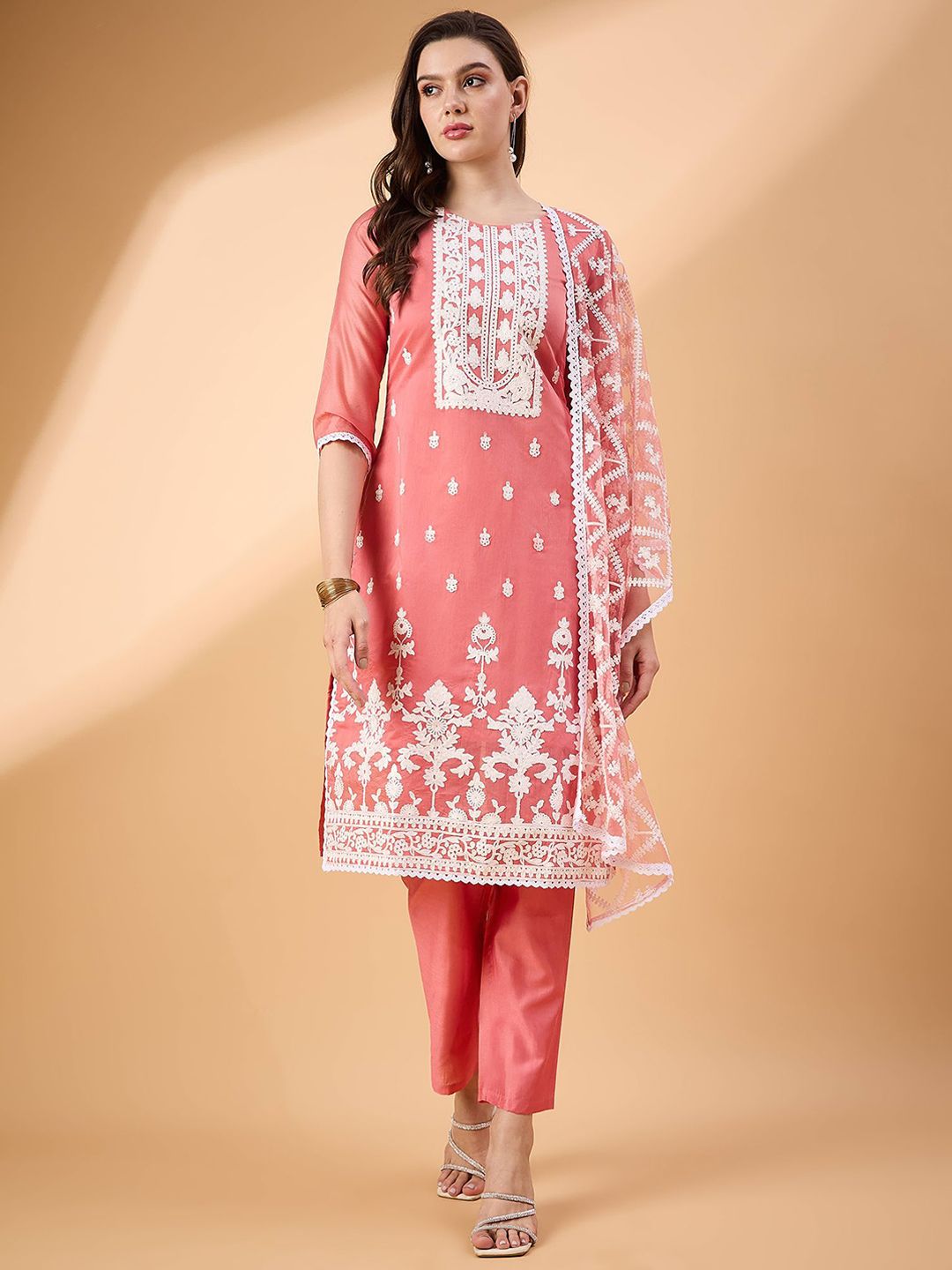 House of Pataudi Women Floral Embroidered Kurta with Trousers & Dupatta-picture-24