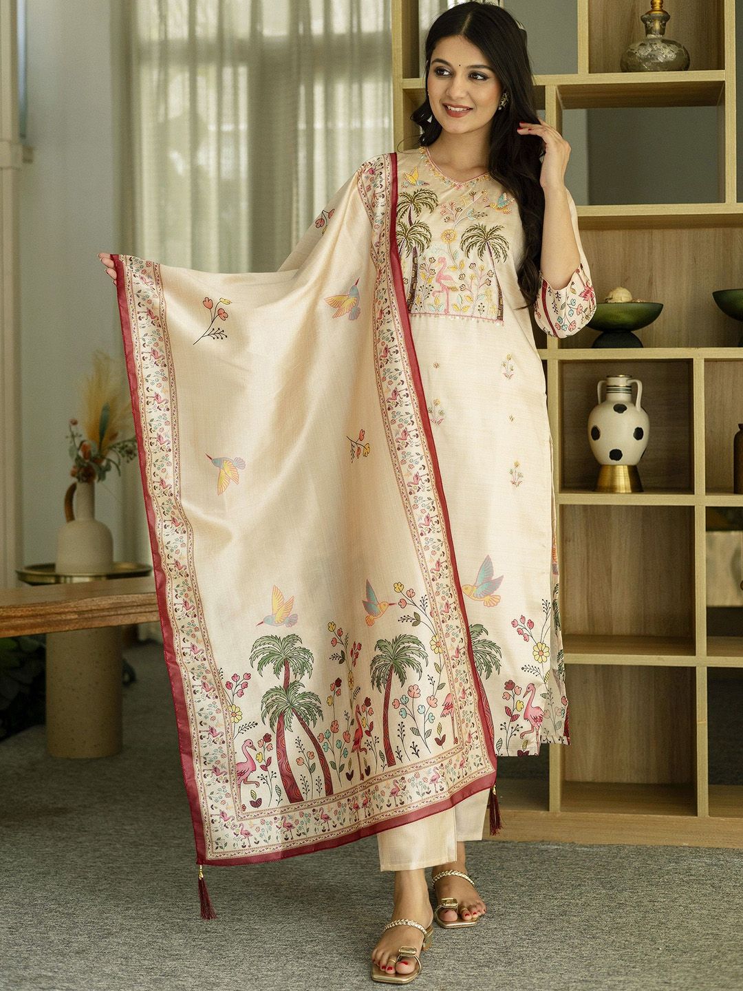 BAPS Women Floral Embroidered Kurta with Trousers & Dupatta