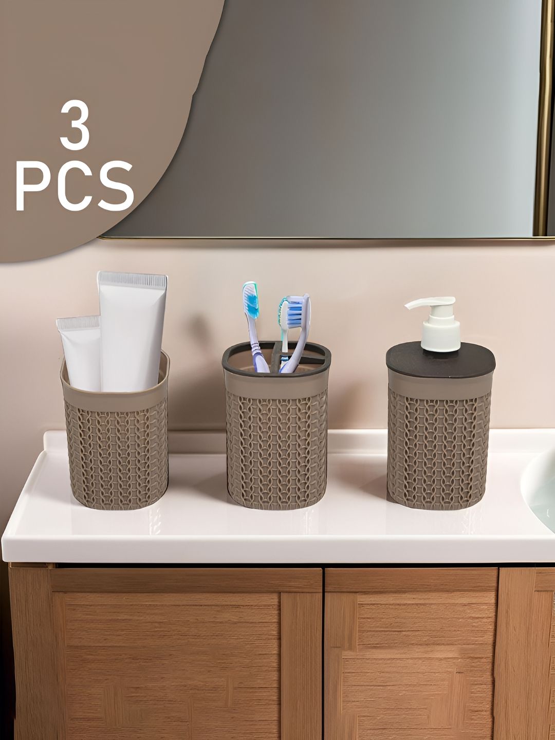Aura Beige 3 piece Solid Plastic Soap Dispenser-image-46