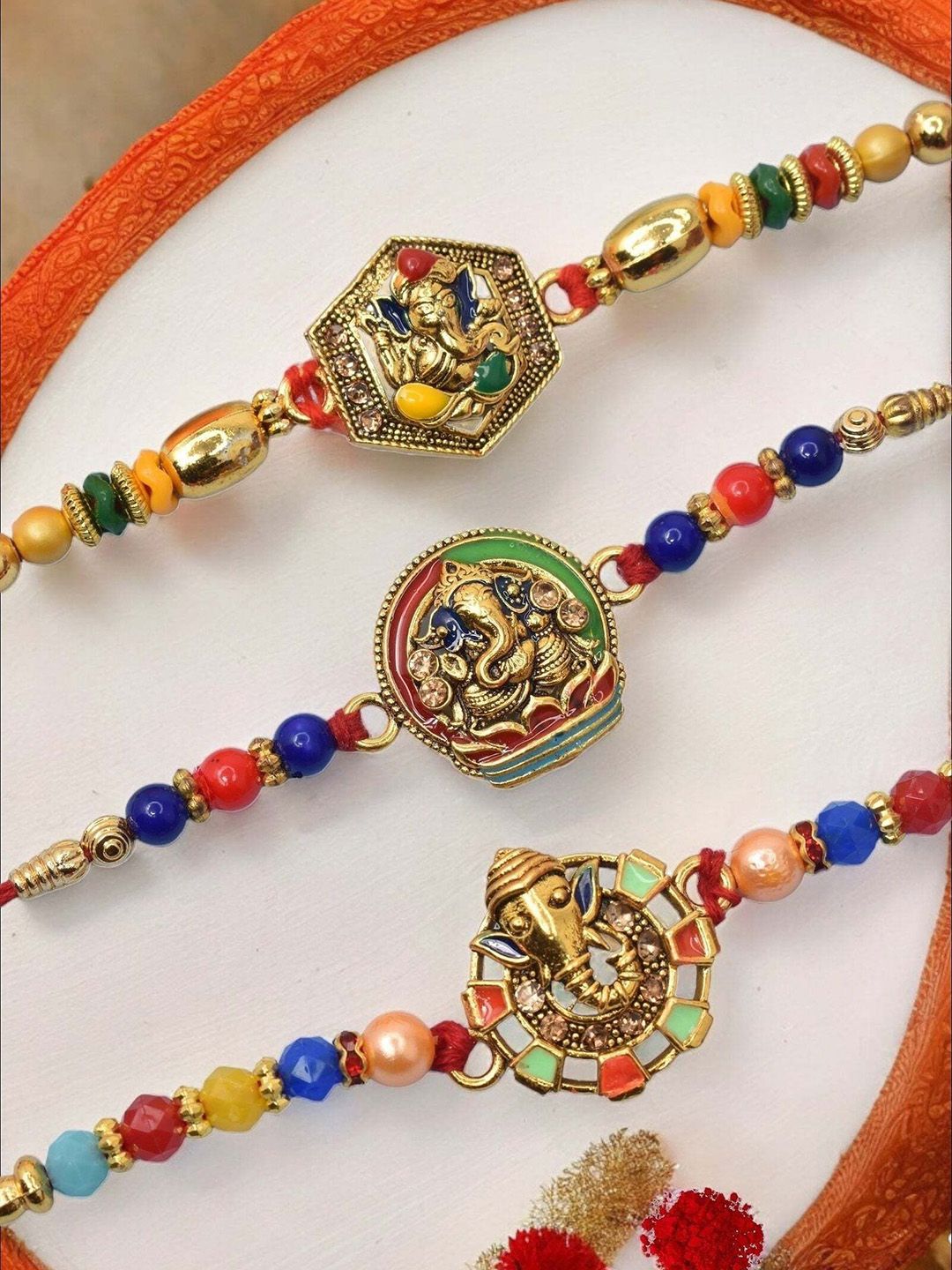 MEIRA JEWELLERY Set Of 3 Kundan Studded Rakhi With Roli Chawal & Greeting Card-picture-35