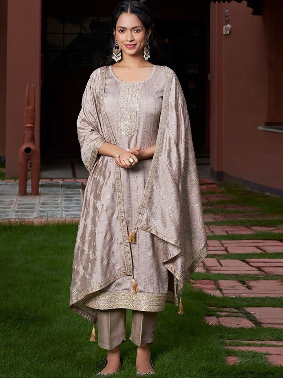 BAPS Women Embroidered Regular Kurta with Trousers & Dupatta
