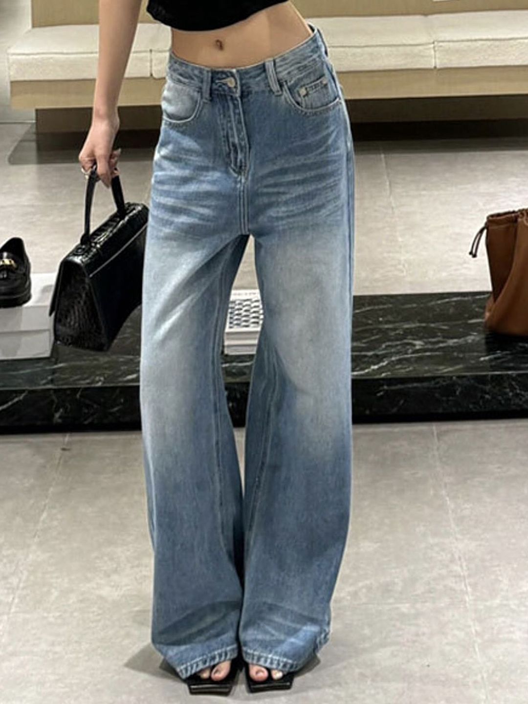 LULU & SKY Women Wide Leg High-Rise Low Distress Light Fade Jeans-image-47