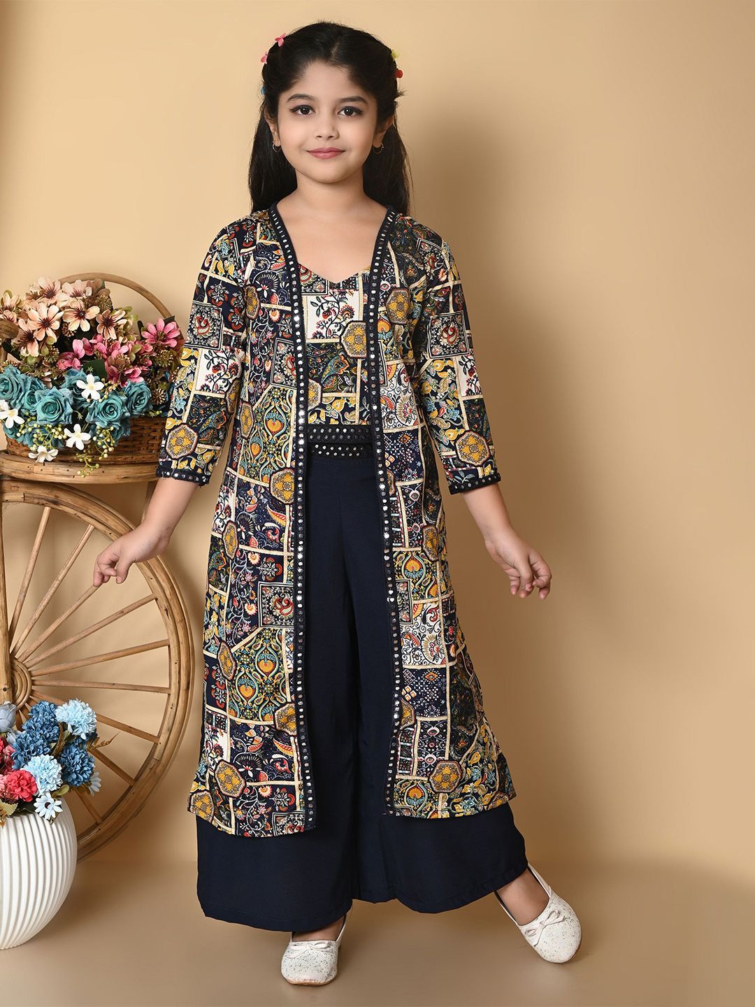 SPAMitude Girls Printed Shoulder Straps Top With Palazzos & Jacket