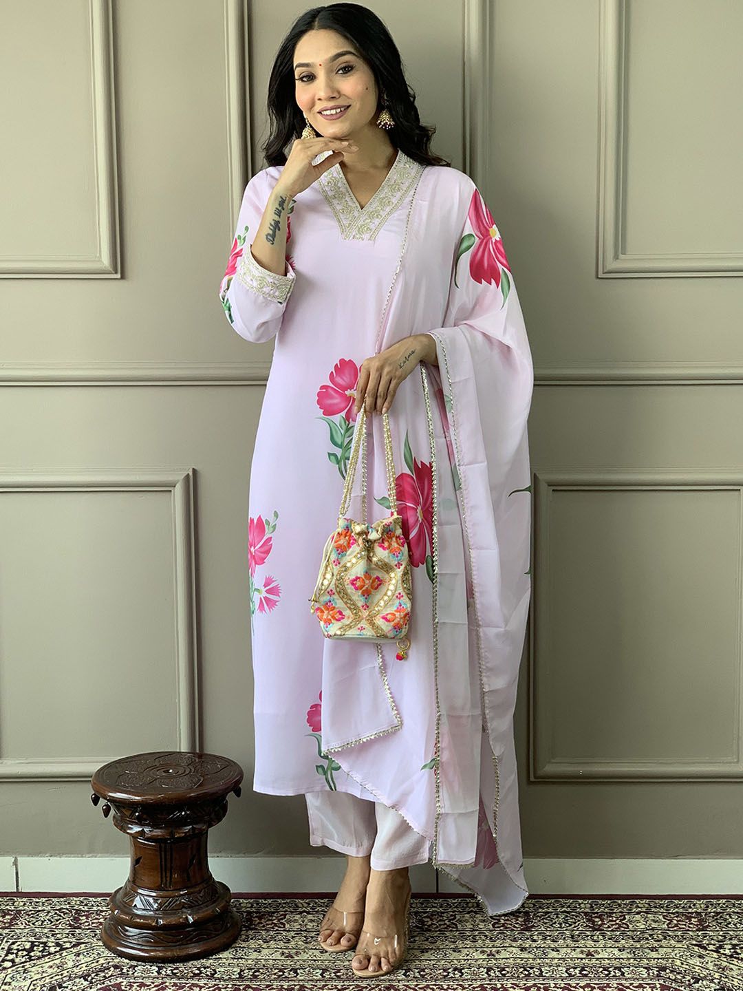 CANBIA Women Ethnic Motifs Printed Kurta, Trousers With Dupatta