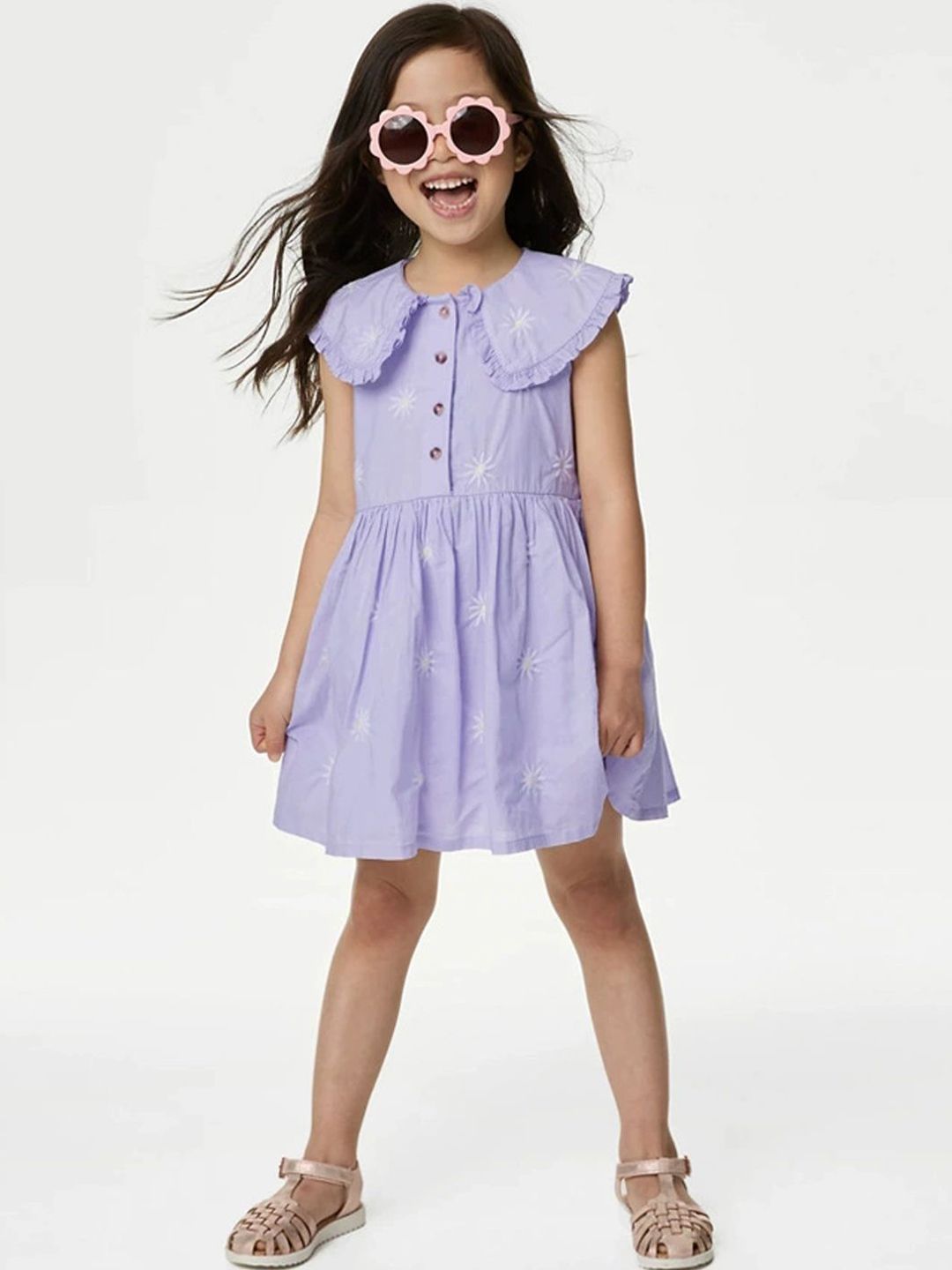 Xsole Girls Floral Emroidered Print Shirt Collar Fit & Flare Dress-picture-30