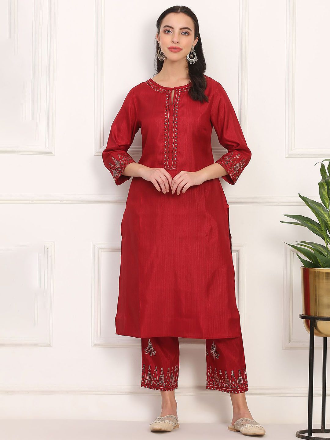 W Women Floral Embroidered Regular Beads and Stones Kurta with Trousers